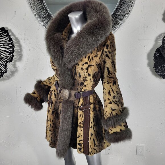 MITCHIE'S~M/L~BROWN GENUINE FOX FUR REAL RABBIT LEOPARD ANIMAL PRINT HOODED COAT - Picture 9 of 16